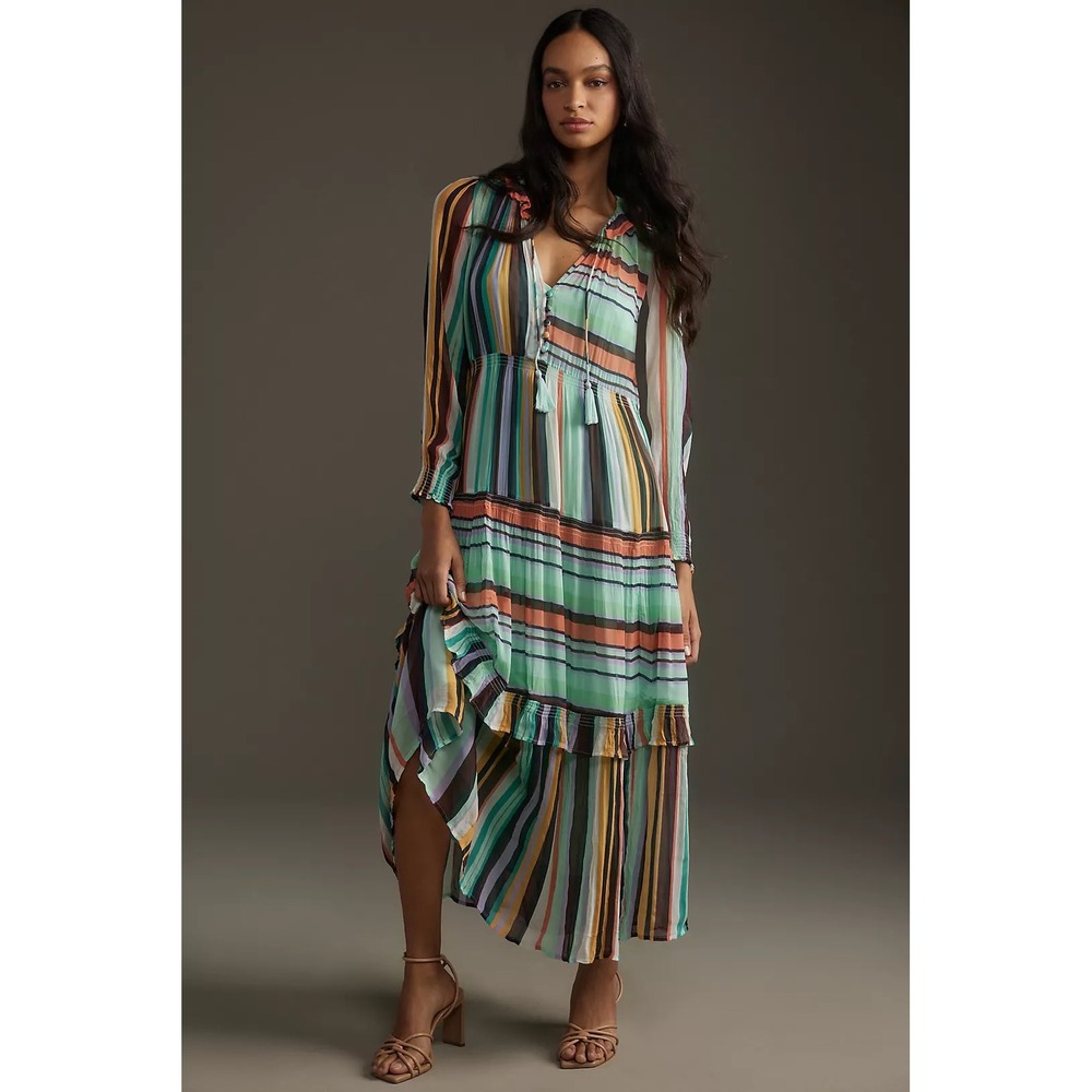 Anthropologie Marais Printed Chiffon Maxi Dress in Multi Stripe, Women's Med NWT